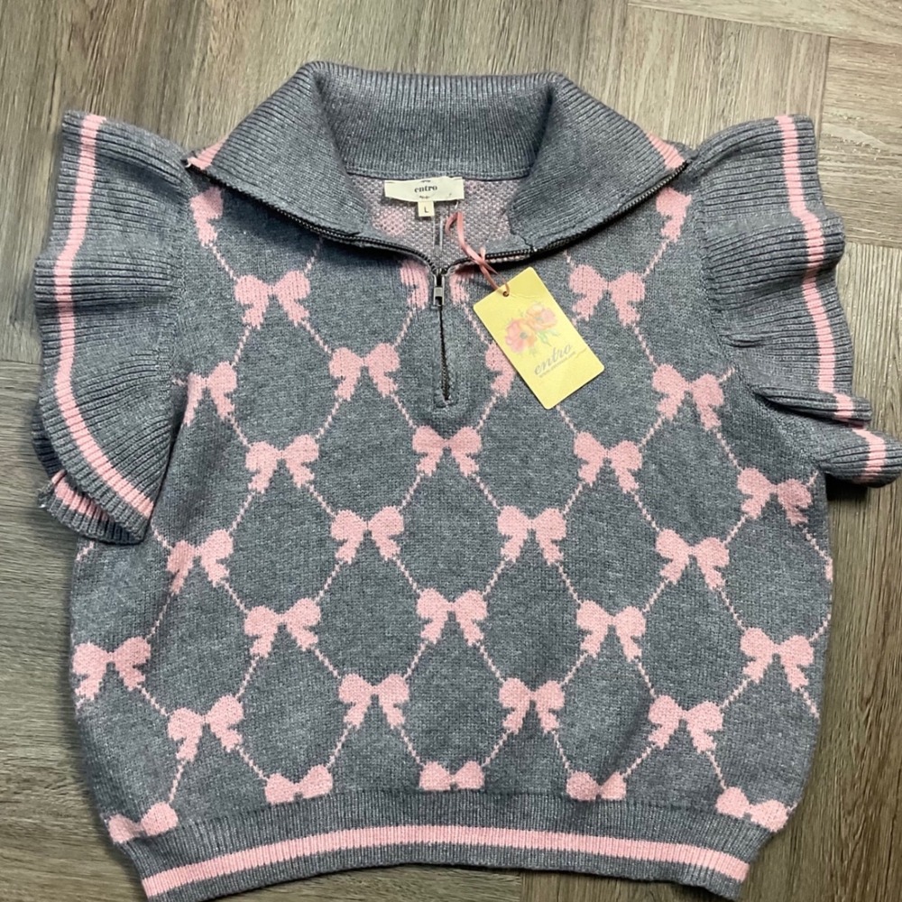 NWT Entro Bow Argyle Knit Sweater Top Shorts Set Womens Large Gray Pink Coquette - Picture 4 of 13